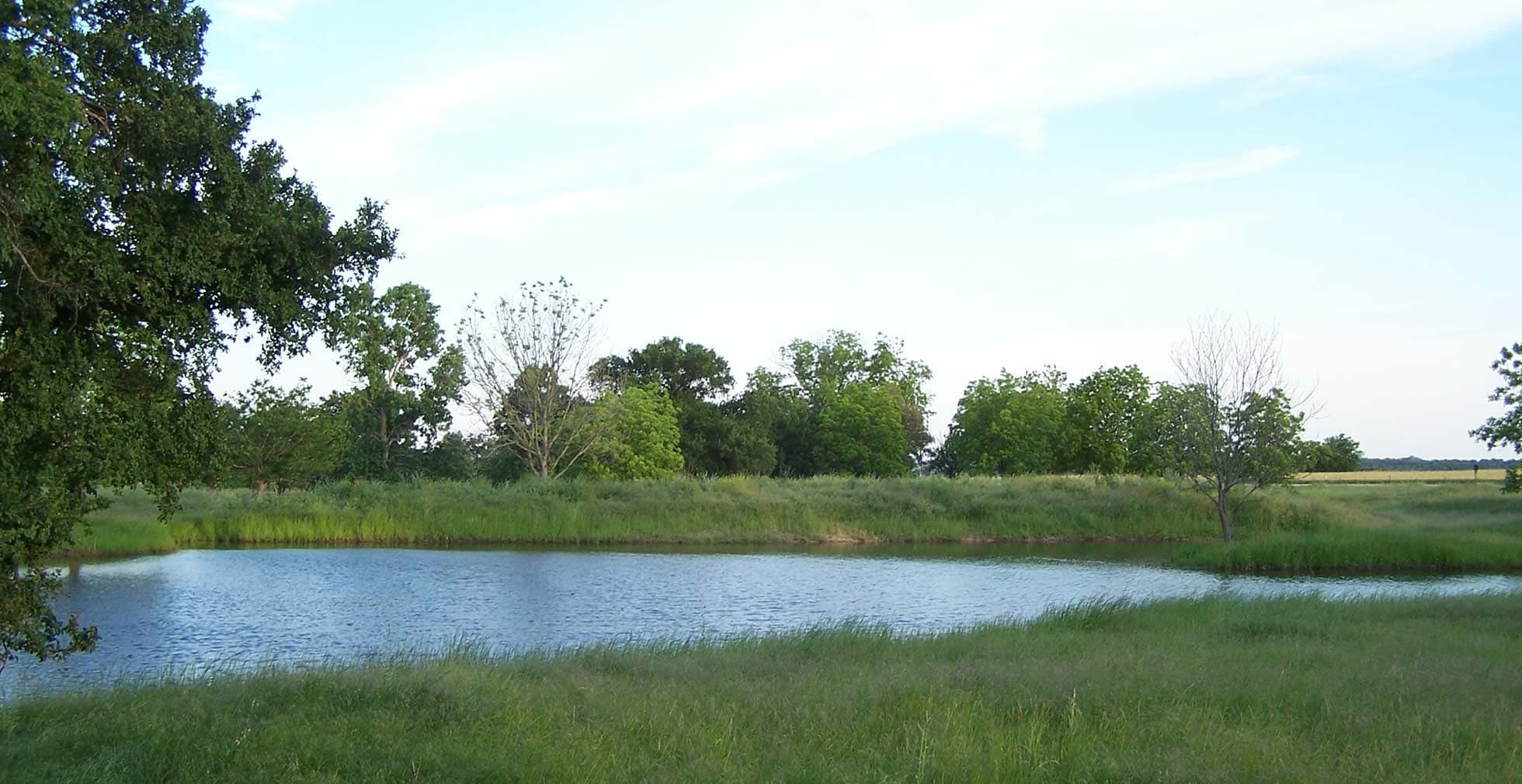 Pond with trees and grass in Hillsboro, West, Hill County, Texas.